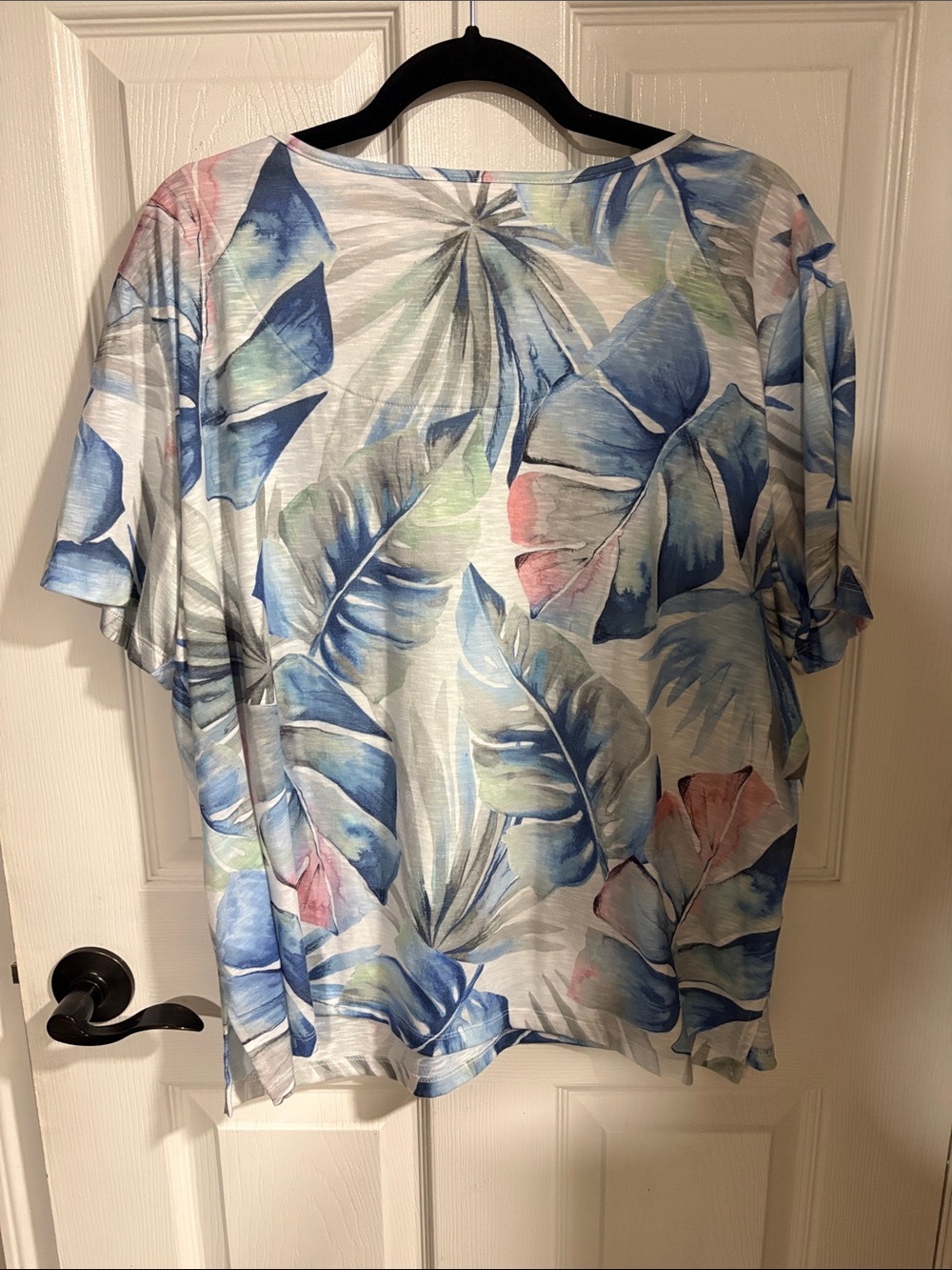 Alfred Dunner Blue, Pink and Green Floral Short-Sleeve Top with Embellished Neck - Picture 5 of 5